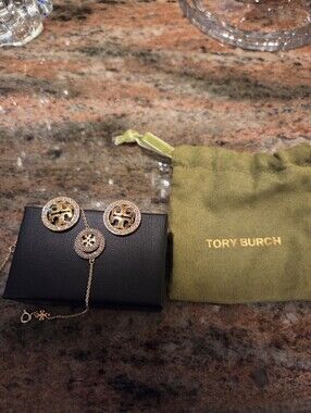 Tory Burch Miller Double Ring Bracelet And Earrings- Pave Crystals